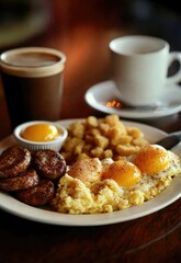 A fast food breakfast combo with scrambled eggs, sausage, hash browns, and a coffee