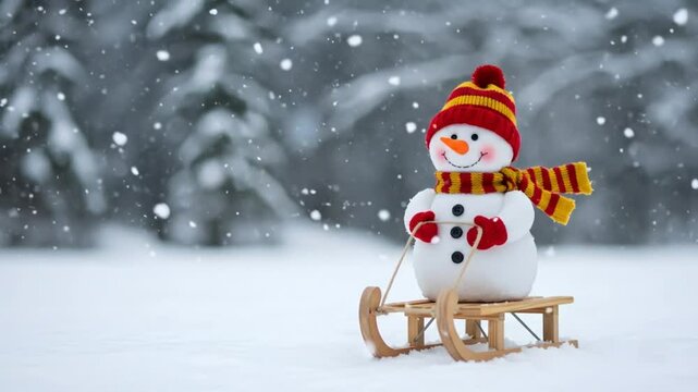 Snowy snowman on sled winter scene