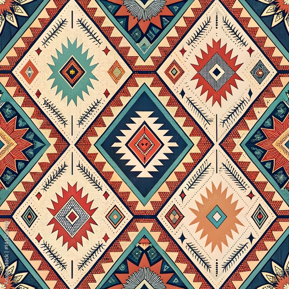 Poster vibrant aztec inspired geometric textile design showcases bold colors and intricate patterns creatin