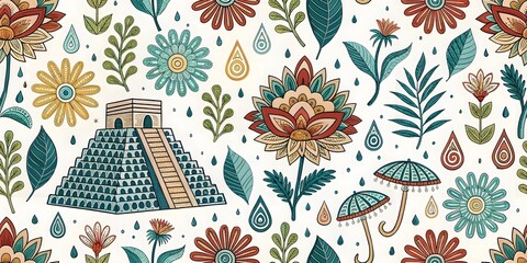 Naklejka premium Mesoamerican-inspired floral design featuring a pyramid, rain symbols, and vibrant flowers, creating a captivating and lush visual narrative.