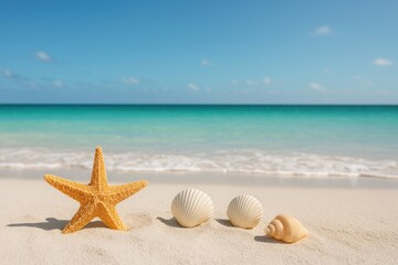 Serene beach with seashells.