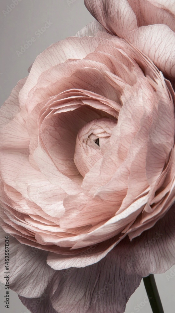 Poster this soft pink ranunculus showcases its intricate layers and gentle curves, revealing a stunning dis