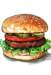 A fast food veggie burger made with a plant-based patty, lettuce, tomato, and pickles