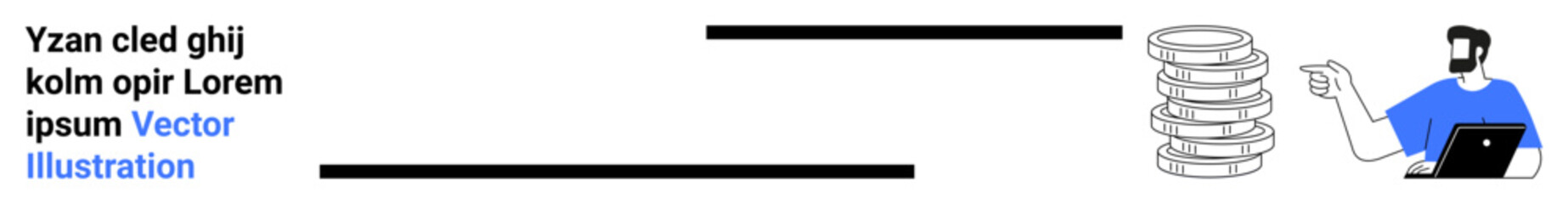 Man with laptop gesturing at stacked databases indicating data analysis, digital storage, research, problem-solving, information management, decision-making, and technology use. Ideal for flat