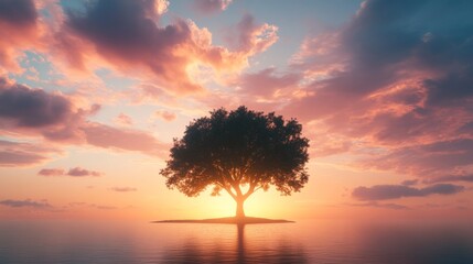 Atmospheric Landscape Metaphor Illustrating Resilience with Tree Silhouette Sunrise