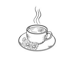 Black and white sketch drawing of a cup of hot chamomile tea with chamomile flowers standing on a saucer with three flowers.