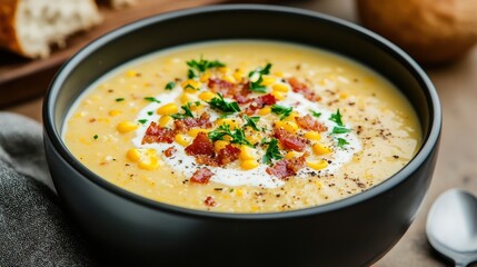 Creamy Corn Soup with Bacon and Herbs in a Black Bowl