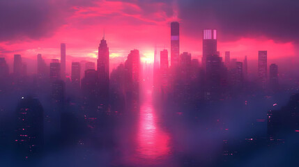 Pink And Purple City Sunset With Foggy River