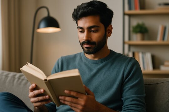 Man reading book on couch.