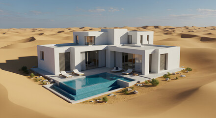 Modern Villa With Swimming Pool Amidst Desert Landscape Panorama