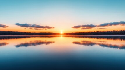 Serene Sunset Over Calm Lake with Reflection of Colorful Sky