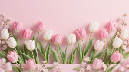 Fototapeta premium Delicate Pink and White Tulips Arrangement on a Pastel Pink Background