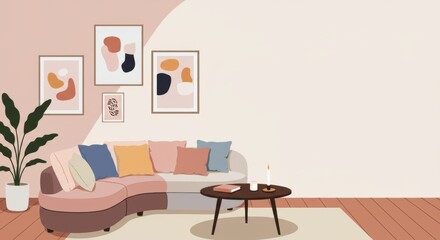 Obraz premium Stylish living room interior with modern art and cozy seating