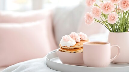 Cozy vibes bright food photography featuring delicious pancakes coffee and flowers