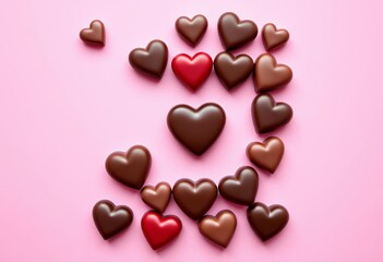Heart-shaped chocolates arranged in a frame on a pink background ,  valentines,  dessert