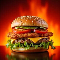 A tantalizing spicy burger stacked with crispy chicken, fresh lettuce, tomatoes, and cheese is presented against a fiery backdrop, inviting patrons to take on the challenge.