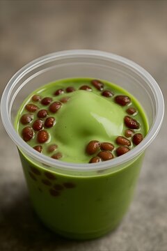 Close-up of a ice cream green tea matcha dessert with red beans in a clear cup, ideal for food and drink content