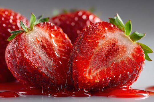 Red Ruby Delights: A close-up shot showcases the vibrant allure of freshly cut, succulent strawberries, glistening with natural sweetness and texture, a visual treat for any food lover.