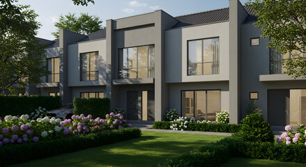 Fototapeta premium Stylish Townhouses With Modern Design And Landscaped Garden View