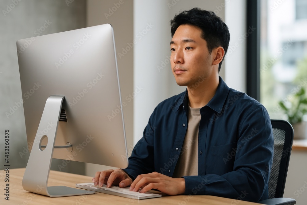 Poster focused professional using computer