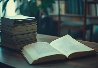 Open Book and Stack of Papers on Wooden Table