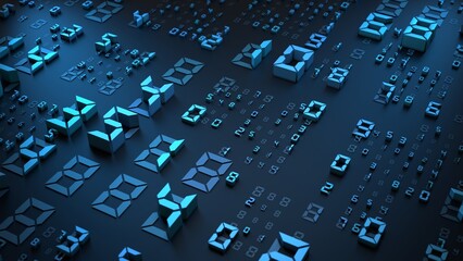 Digital clock numbers with 3D seven-segment structure and futuristic interface design 3D illustration. Can be used in cybersecurity systems, stock market visualizations or modern data-driven UI