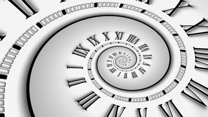 Hypnosis spiral and perception of time with roman numerals 3D illustration. Can be used to represent time distortion, subconscious states or philosophical concepts of eternity