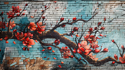 Fototapeta premium Graffiti art of red flowers and tree branches on a blue and white brick wall with damage at the bottom