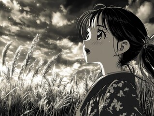 Black and white illustration of a girl gazing at a celestial sky.