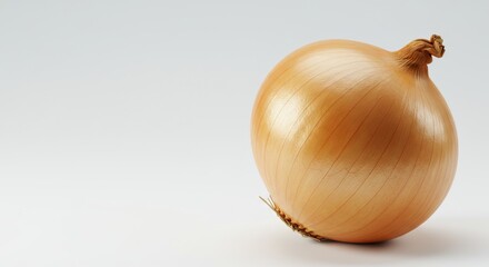 Close-up of a fresh, shiny yellow onion on a light background