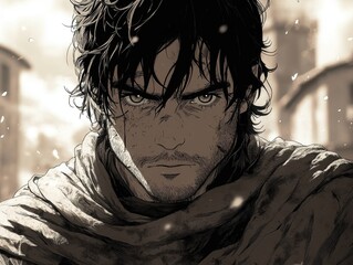 Close-up grayscale portrait of a serious male figure.