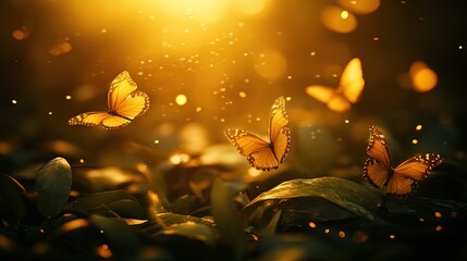 Butterflies fly amid leaves, golden light illuminating their wings and the surroundings in a magical scene