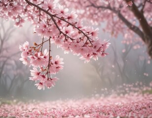 Obraz premium Delicate pink sakura petals drift on a soft-focus spring backdrop , ethereal, peaceful, light