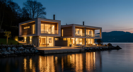 Modern Lakeside Retreat Luxurious Living At Dusk Reflecting Architecture