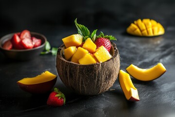 Halved coconut with mango slices and strawberries, front view. Summer banner with black background