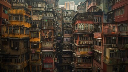 Telephoto lens shot compressing layers of distant buildings into a dense