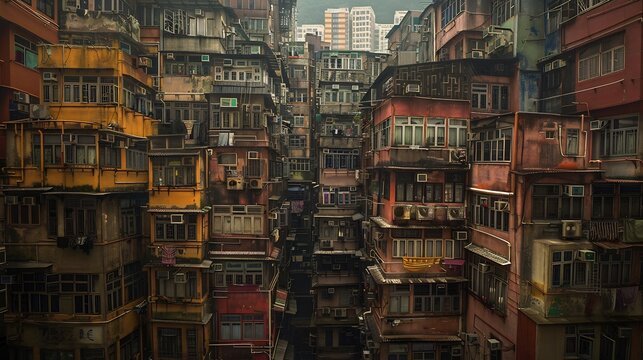 Fototapeta Telephoto lens shot compressing layers of distant buildings into a dense