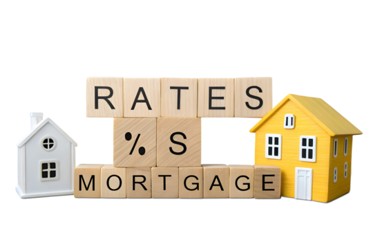 A new concept of loan and credit interest. Apartments, housing and house. Real estate market analysis concept. Business and finance. Wooden blocks with the words Rates mortgage and houses