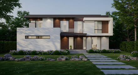 Modern Two Story Home Exterior Design With Landscaped Greenery
