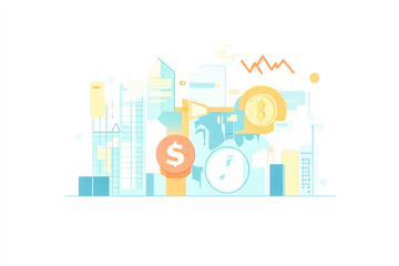 Flat illustration of financial development, business growth, and idea concept with charts, graphs, and a money dollar sign icon in a flat design style on a white background.