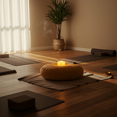 A yoga studio with mats, blocks, a cushion with a candle, and a plant in a serene setting indoors
