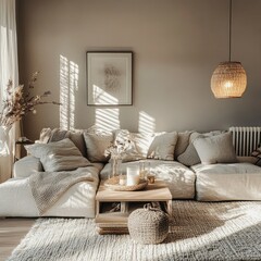 A living room with neutral tones and a large sectional sofa and sunlight