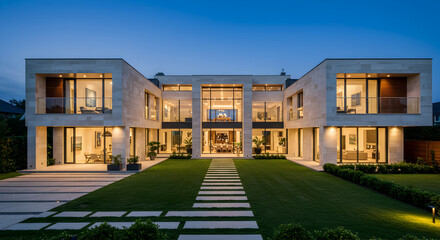 Elegant Modern Residence With Lush Lawn At Twilight Panorama
