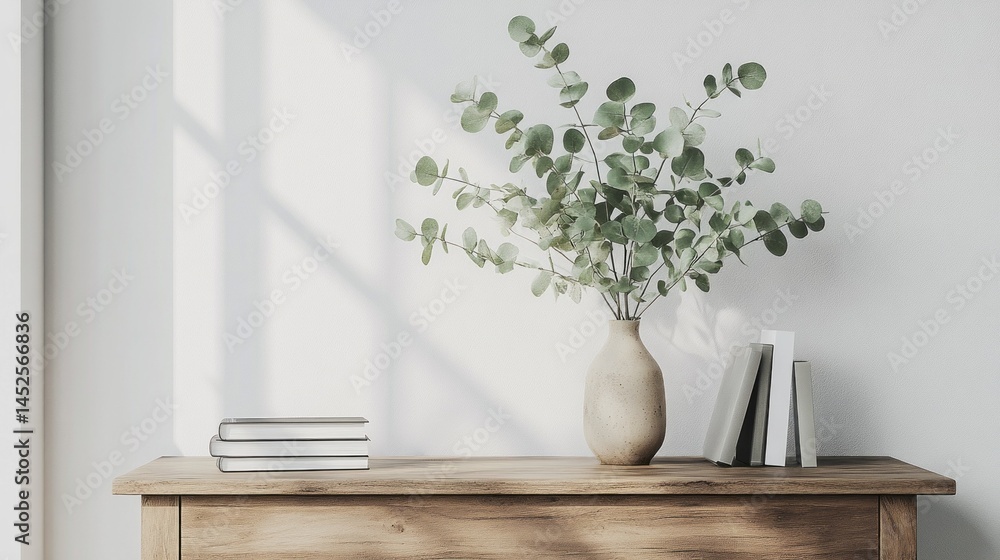 Aufkleber a stylish scandinavian sideboard of natural materials rests against a light wall, featuring a simple