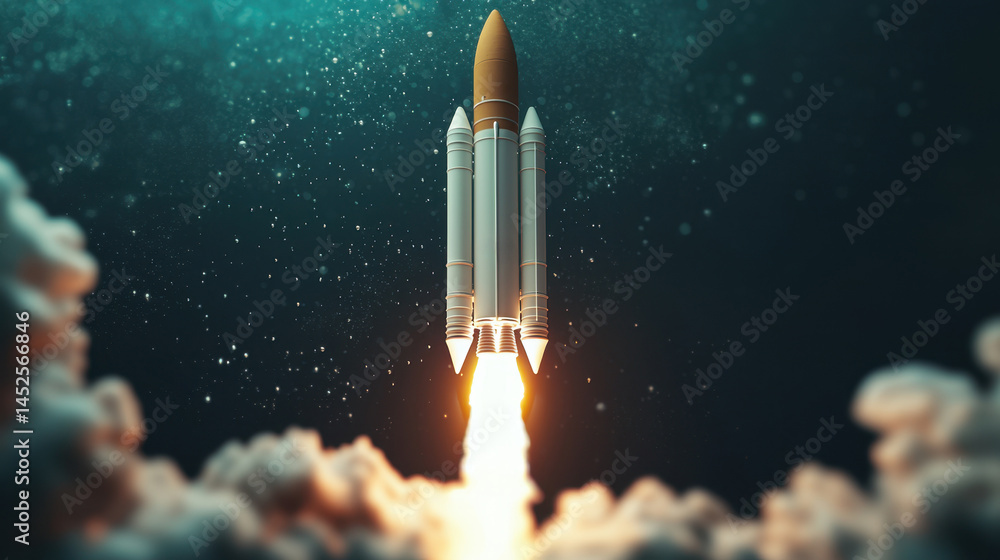 Poster 3d rendering rocket launch concept, stunning 3d modeled rocket liftoff captured from underwater pers