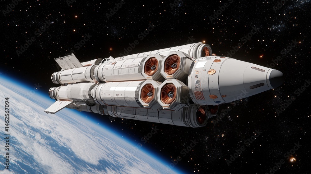 Poster 3d rendering rocket launch concept, 3d render of a futuristic rocket in space ready for exploration 
