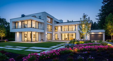 Exterior View Of A Modern Luxury Home At Dusk With Garden