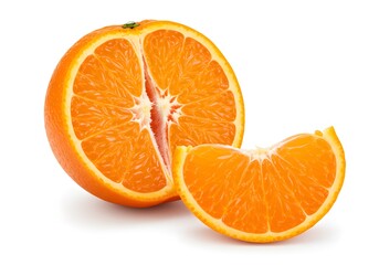 Freshly cut orange fruit with juicy slices isolated on white background