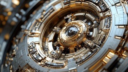 Obraz premium Abstract Gold and Silver Mechanical Sphere: A Futuristic Digital Art