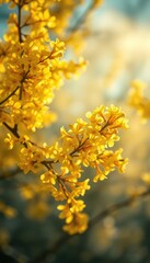Photorealistic springtime scene featuring lush forsythia blossoms glowing in golden yellow with delicate white cores